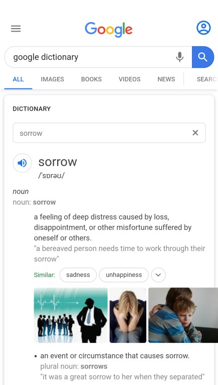 The word 'sorrow' in the Google Dictionary