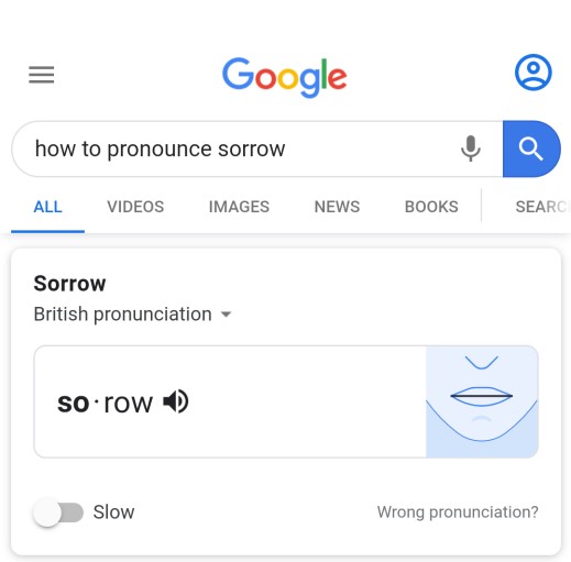 The pronunciation entry for the word 'sorrow' showing British pronunciation
