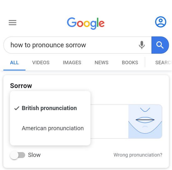 Display showing choice of American or British pronunciation of a word