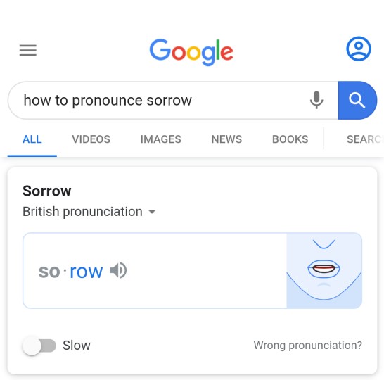 Pronunciation entry for the word 'sorrow' showing British pronunciation