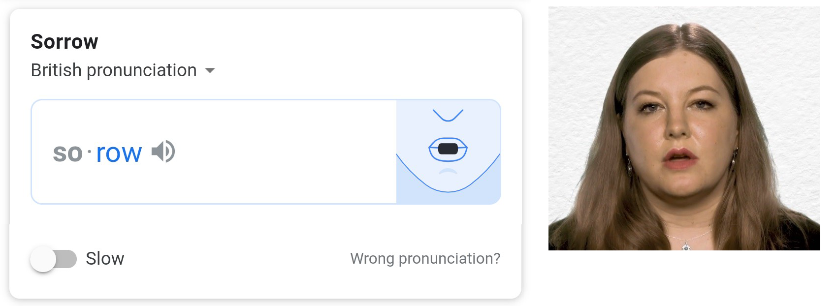 Image of Google Dictionary pronunciation lip movements and photograph of a human speaker