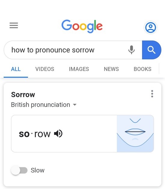 Pronunciation entry for the word 'sorrow' showing British pronunciation as it appears in iOS